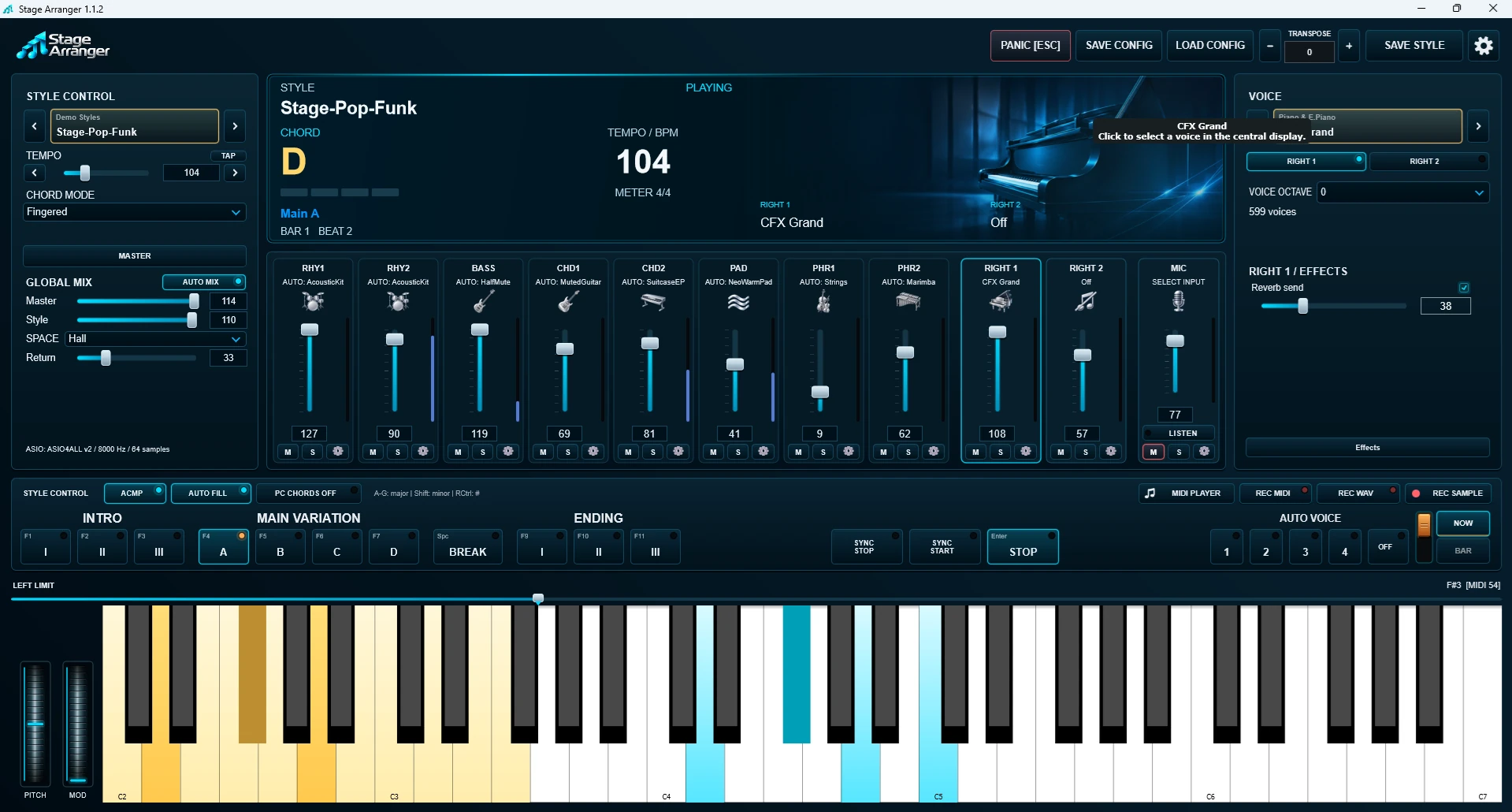 Stage Arranger arranger software for Windows: main screen with style control, mixer and split keyboard